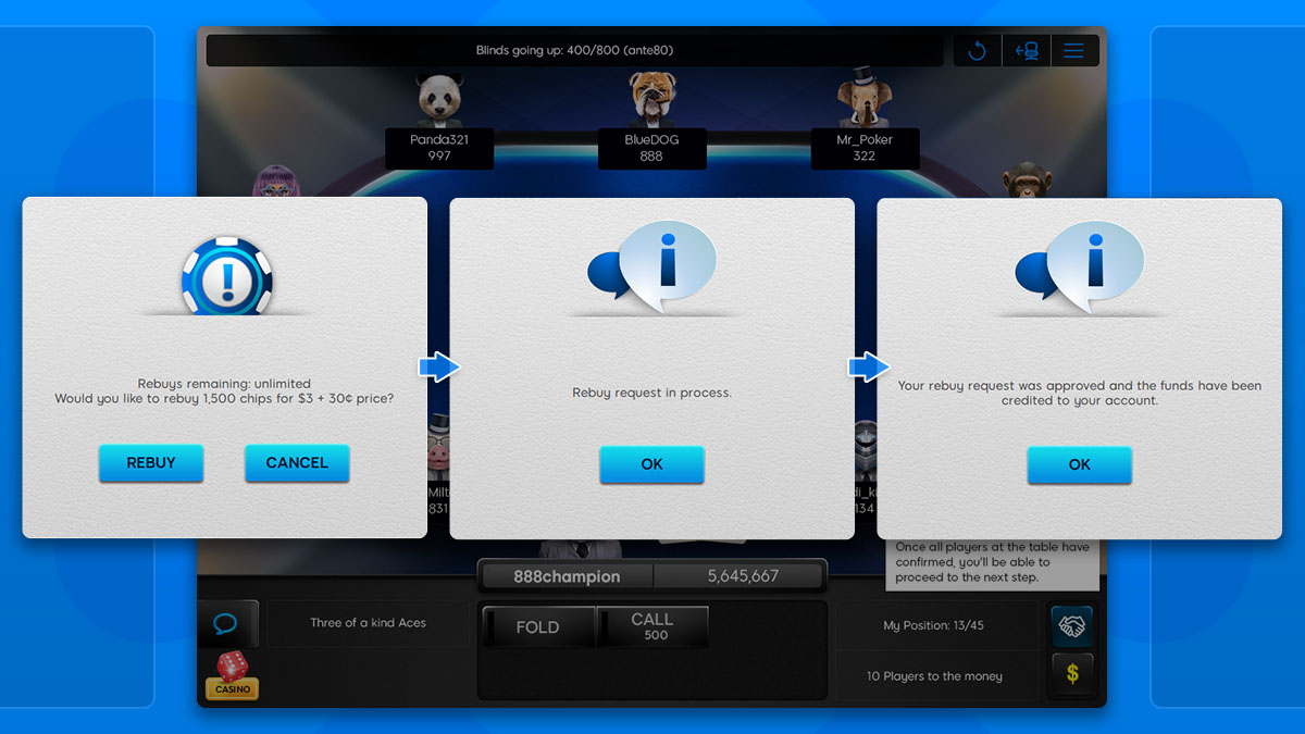 Should your chip count be at or below the specified 'Maximum chips for rebuy,' you have the option to initiate a rebuy.